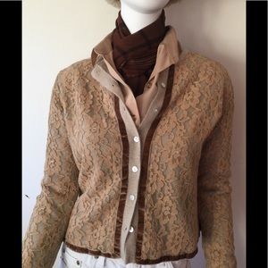 Anthropologie Moth beige lambswool cardigan w/lace overlay & brown velvet trim